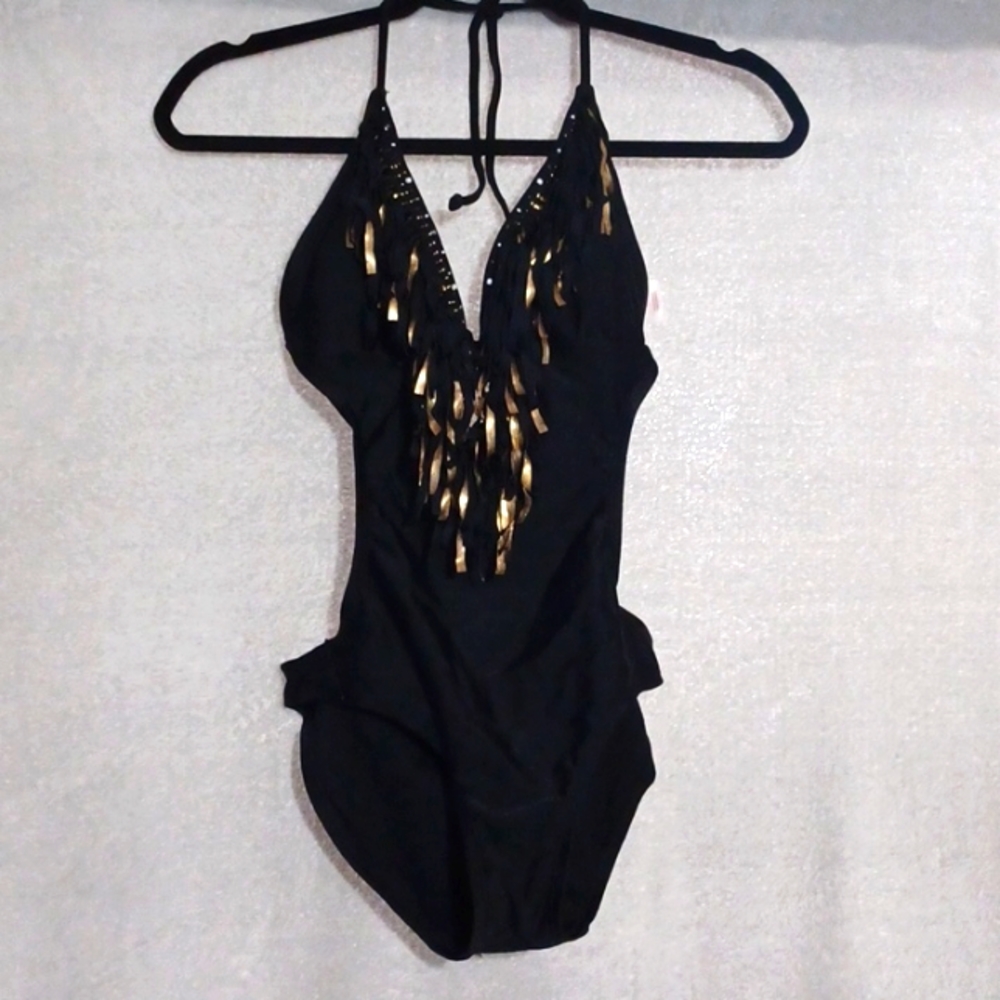 Xhilaration Women's  Black & Gold Front Fringe One Piece Swimsuit Size S/P